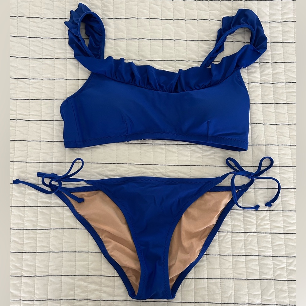 J. Crew Vibrant Blue Ruffle Bikini Top and String Bikini Bottom, Size M